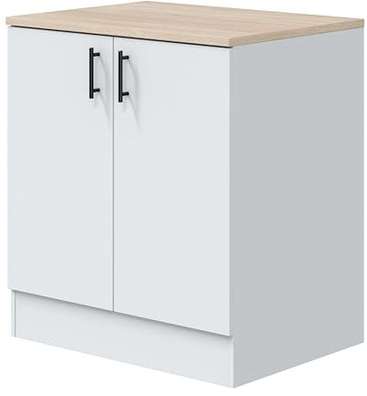 Módulo Inferior Cocina Fregadero 2 Puertas Kira en Blanco Brillo y Roble Canadian 80x90x60 cm