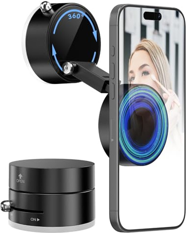 imluckies Vacuum Suction Magnetic Phone Holder, 360° Rotatable & Foldable Suction Cup Phone Mount, Compatible with Magsafe iPhone 17 16 15 14 13 12 for Shower/Bathroom/Mirror/Gym/Car/Kitchen, Black