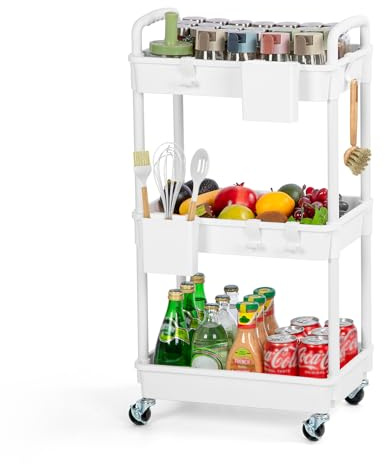 FoiiLiio 3-stöckiger Rollwagen aus Kunststoff,Aufbewahrungswagen,Küchenwagen,Servierwagen mit extra hängenden Bechern,Nischenregal für Büros,Küchen,Waschräume,Badezimmer,Weiß