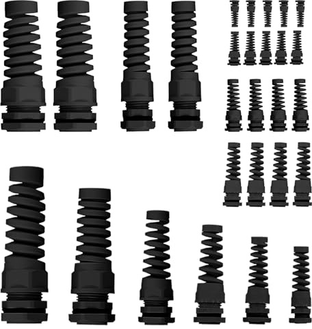 Swpeet 22Pcs 6 Sizes 3mm-18mm Waterproof Cable Gland Conduit Fittings with Gasket, Flex Spiral Strain Relief Black Nylon Pigtail Cord Joint Cord Connector Adjustable Locknut for Cable Wire