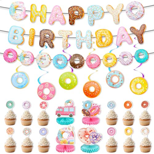 Zoyiancy Donut födelsedagsdekorationssats, 24 stycken återanvändbara Happy Birthday-girlang, pappersfest vimpelkedja, bikakeblommor, cupcake-toppar för kvinnor