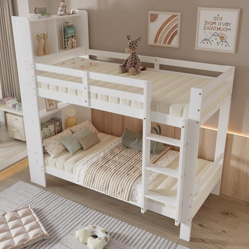 Oxtao Letto a castello 90 x 200 cm, letto a soppalco con ripiani e scaletta, lettino con rete a doghe e protezione anticaduta, letto per 2 bambini, letto in legno massello bianco, senza materasso