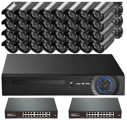 Sistema di telecamere di Sicurezza Poe IP Bullet da 32 canali 8MP 4K for Esterni, Smart Home, Kit di sorveglianza CCTV con Registrazione H.265 NVR(8+8t,32pcs 8MP Cameras)