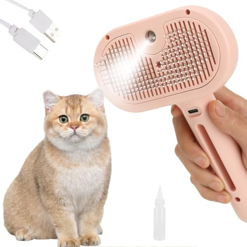 Aohcae Katzenbürste mit Dampf, Multifunktionale Katzenkamm, Wiederaufladbare Dampfbürste Katze und Hund, Ein-Klick Saubere Katzen Pflegebürste zum Entfernen von Losen Haaren und Schmutz (Rosa)