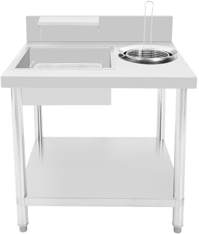 Dokiiovo Frittiertes Hähnchen-Zubereitungstisch, Gewerbliche Arbeitsplatte zum Panieren von frittiertem Hähnchen, Inklusive Becken und Korb, Zubereitungstisch für frittierte Speisen, 80 x 70 x 93cm