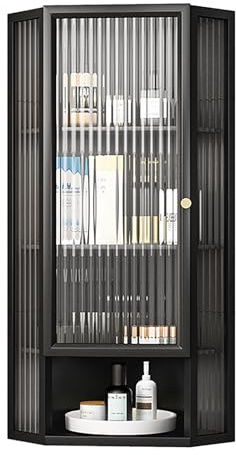 LIUJHGH Armadio da parete angolare con anta in vetro, credenza sospesa portaoggetti, organizzatore angolare in metallo da parete salvaspazio per piccolo bagno, cucina, soggiorno(Black)