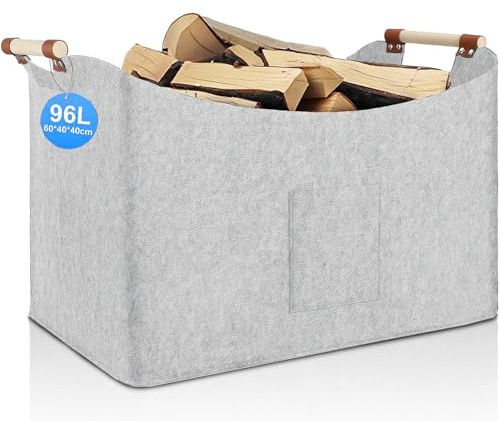 Faltbarer Holzkorb für Kaminholz 96L,Kaminholzkorb,Feuerholzkorb,Korb für Kaminholz, Brennholzkorb Filzkorb extra dicker Filz,Holzkorb für Kaminholz,verstärkter Griff (1 PACK Hellgrau)