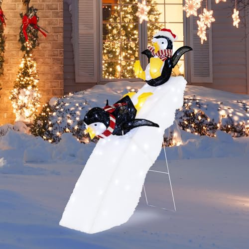 GYMAX LED Weihnachts Pinguin, 120 cm hoch, 2 skifahrende Pinguine-Figur mit Mütze & Schal, beleuchtete Weihnahctsdeko mit 130 kaltweißen LEDs, Gartendekoration für Innen & Außen