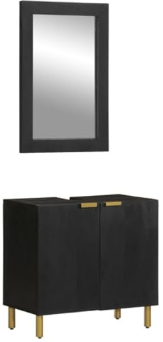 QZZCED Juego de Muebles de Baño 2 Piezas en Madera Contrachapada Negro, Estable y Duradero con Amplio Espacio de Almacenamiento, Espejo de Tocador y Puerta Flexible para Instalación
