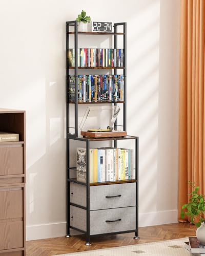 PAPAGIFTREE DVD Storage, Mutli 7-Tier DVD Storage Rack and Shelving, DVD Dispaly Shelf, CD Rack Tower for DVDs CDs Book Organizer with Drawers, Media Shelf, Manga Bookshelf for Gaming Media Moive Room