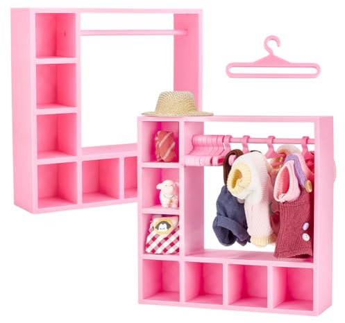 UNICRAFTALE Juego de 2 armarios de ropa de muñeca rosa con 20 perchas, mini organizador de armario de plástico, modelo micro paisaje, accesorios para casa de muñecas para decoración de casa de muñecas