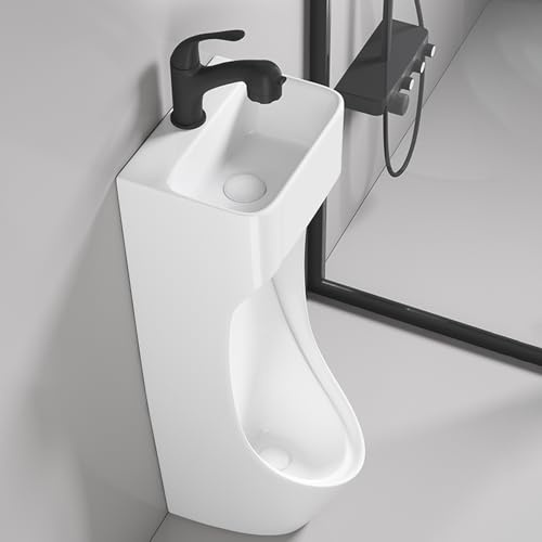 Wall Mounted Urinals for Men Spill Proof with Retractable Faucet Commercial Men Urinals with Built-in Sink Ceramic Urinal Hand Washing Function 2-in-1 Space Saving(Black,Floor-standing)