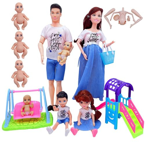 Set di bambole per famiglie, bambola incinta realistica e sicura con bambino nella pancia, papà e 2 bambini, 5 persone con accessori per casa delle bambole Fai finta di giocare con il giocattolo per