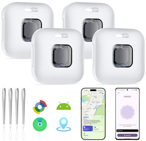 2026 [Certifiée par Apple et Google] Tracker Tags Lot de 4 (Blanc), Hoxe Bluetooth Smart Tag Traceur Compatible Apple Find My et Google Android Find Hub, Localisateurs D'objets pour Valises/Clés/Sacs