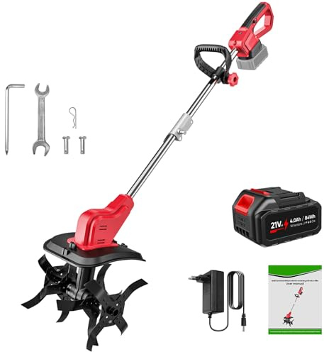 Motobineuse Électrique, 21V Motoculteur Électrique sans Fil avec 2 × 4.0Ah Batterie, Trois Types de Lames, Interrupteur à Double Sécurité, 30CM Largeur et 22CM Profondeur, pour Jardinage (A)