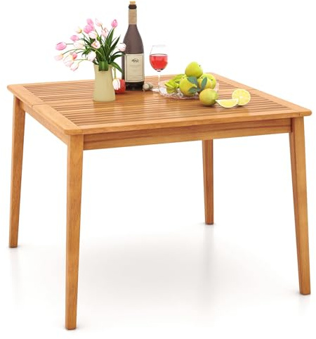 COSTWAY Gartentisch aus Akazienholz, 100x100cm, Terrassentisch mit Schirmloch für 4 Personen, quadratischer Balkontisch, Holztisch, Outdoor-Esstisch für Balkon, Garten, Terrasse