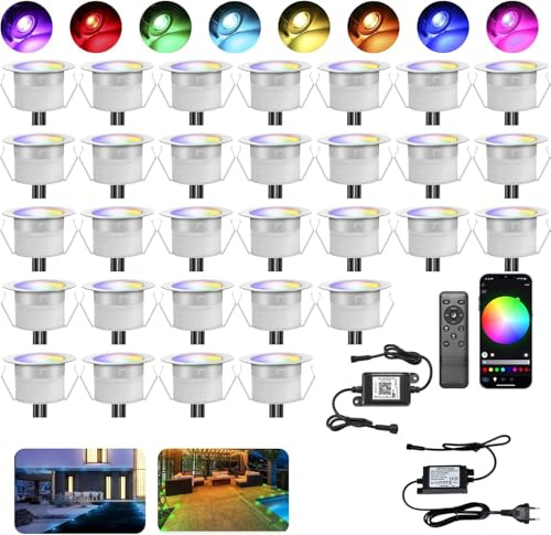 INDARUN WiFi Lampe au Sol Spot Encastrable RGBW étanche IP67 Ø45mm - éclairage pour terrasse, patio, chemin, mur, jardin, décoration, intérieur et extérieur (lot de 30)