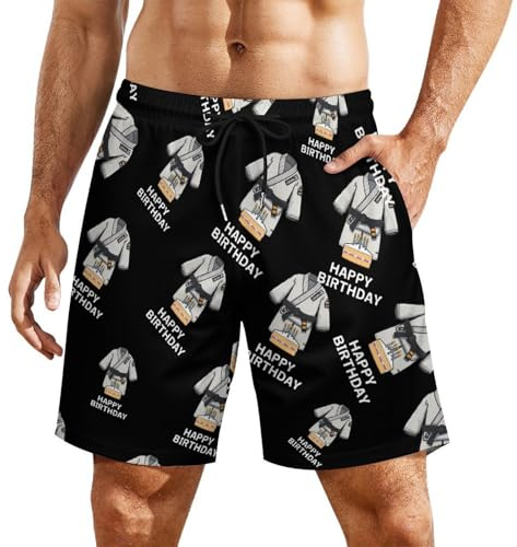Birthday Karate Taekwondo Jiu-Jitsu Men's Swim Trunks Hawaiian Bathing Swimsuits Beach Board Shorts with Pockets M