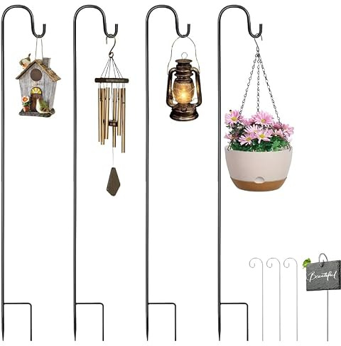 Forhandy Lot de 4 crochets de berger de 100 cm - Réglable en hauteur - Avec 4 plaques de plantes - Tiges de jardin résistantes aux intempéries - Avec crochets - Barres en métal - Support de lanterne