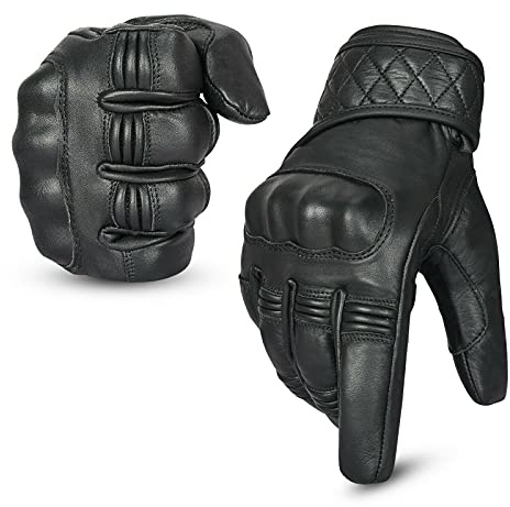 Hand Fellow Leather Motorbike Motorcycle Gloves Heavy Duty Thinsulate 3M Hipora Windproof Waterproof Winter All Weather Gloves Touch Screen hard Knuckle (L, Non Perforated Water Proof)