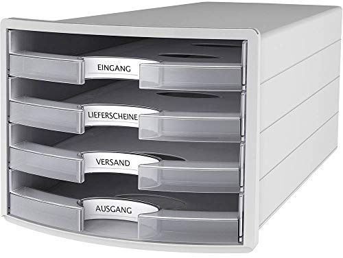 HAN Schubladenbox IMPULS 2.0 mit 4 offenen Schubladen für DIN A4/C4 inkl. Beschriftungsschilder, Auszugsperre, möbelschonende Gummifüße, premium Qualität, 1013-63, lichtgrau/transluzent-klar