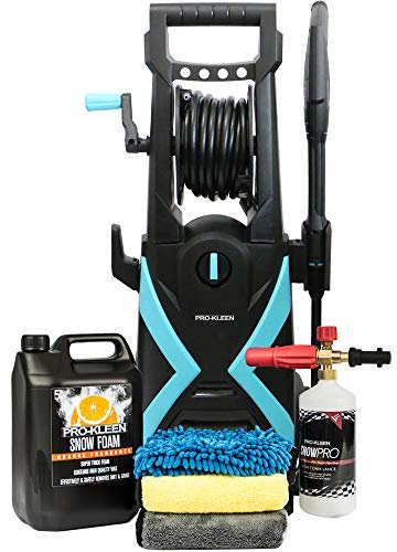 Pro-Kleen Jet Washer Electric High Power Pressure Max 165 Bar Max, 2200W, 8M Hose On Reel with Car Cleaning Accessories – 5L Orange Snow Foam, Snow Foam Lance, Microfibre Cloths and Wash Mitt