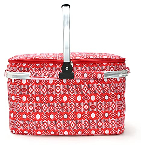 Hettoom Picknickkorb 25L,Thermo Einkaufskorb Kühltasche faltbar,einkaufskorb mit Deckel，Isolierter Korb,Outdoor Kühlbox für unterwegs,Kühltasche für den Außenbereich, Rot, 43*25*27cm 25L