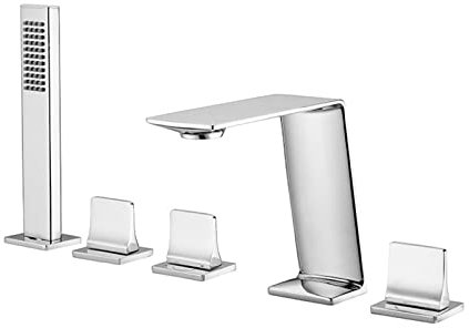 Wannenrandarmatur 5 Loch Wannenarmatur mit Handbrause Wasserhahn Dusche Chrom Doppelgriff Badewannenarmatur Set