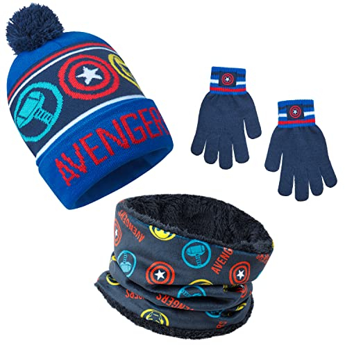 Marvel Mütze Jungen Winter Set, warm und bequem - Geschenke für Jungs(Blaue Avengers, 3 Stück)