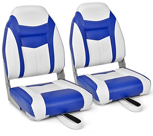 Goplus Low/High Back Boat Seats, Folding Boat Seat with Stainless Steel Screws & Aluminum Hinges, Thickened Sponge Padding, Waterproof Fishing Captain Boat Seats (2 Packs Dark Blue & White)