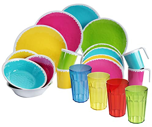 Service de table de camping en mélamine pour 4 personnes – 20 pièces – Avec verres multicolores 630 ml – Vaisselle de camping moderne