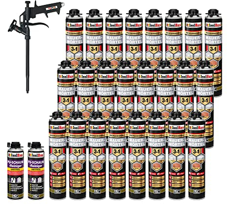 Isolbau Mauermörtel Set: 24x 750 ml PU-Mörtel 2x 500 ml Pistolenreiniger 1x Teflon Schaumpistole, PU-Reiniger, Montageschaum, Pistolenschaum