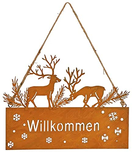 MACOSA GW10030520 Deko-Schild Dekohänger Willkommen Hirsch Rost Metall Türschild Schild Winter Herbst-Dekoration Hängedekoration Weihnachten Winterdeko
