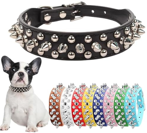 Spiked Dog Collars, Studded Dog Collar Leather Rivet Puppy Collar Spike Adjustable for Small Medium Large Dogs Black S