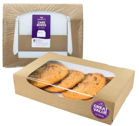 Culpitt Kraft Brown Window Treat Boxes - 10 Pack | 19.5 x 11.5 x 4.0cm, Compostable Card With Plant-Based Window, Easy To Assemble, Ideal For Cookies & Pastries