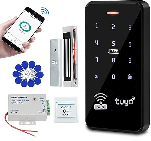 QTTYELOK IP68 Outdoor Access Control System Kit WiFi Tuya RFID Keypad Waterproof 125KHz 13.56MHz + 180KG Electric Magnetic Lock + 10pcs 13.56Mz Keyfobs, Smart APP Remote Control