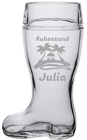 LUXENTU Bierstiefel mit Gravur, Bierglas mit 1,0 Liter Füllstrich, Personalisiertes Glas mit Name & Kneipen-Motiv, Geschenk zum Vatertag/Geburtstag, Spülmaschinengeeignet, Palmen & Strand