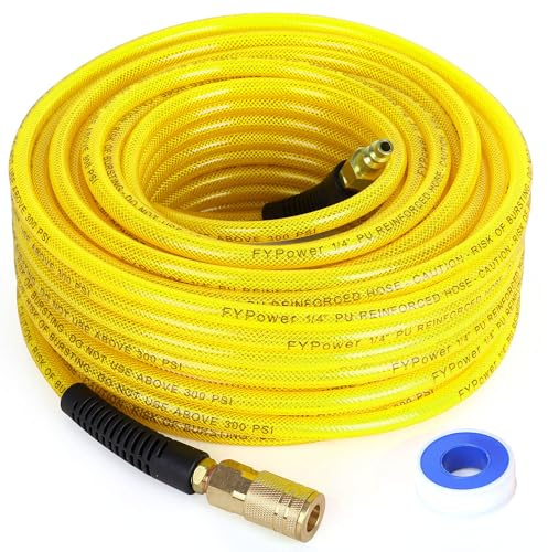 FYPower Air Compressor Hose 1/4 Inch x 100 Feet Reinforced Polyurethane (PU) Air Hose with Fittings, Bend Restrictors, 1/4 Industrial Quick Coupler and Plug Kit, Yellow
