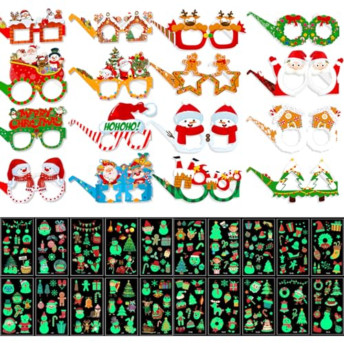 BDSHUNBF 36 pcs Weihnachtsbrillen Weihnachtsmütze Weihnachtsbrille Weihnachtsmann Mütze Weihnachts Photo Booth Requisiten Weihnachtsfeier Zubehör,Weihnachten leuchtende temporäre Tattoos für Kinder