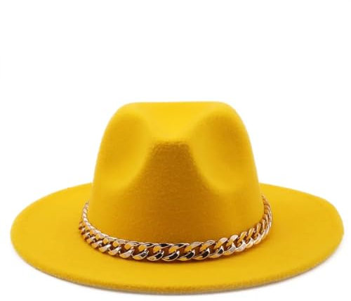 Damen Herren Winter Herbst Fedora Hüte Breite Krempe Dicke Goldkette Band Filzhüte Jazz Cap Gelb 56-58 cm, Gelb, Einheitsgröße, Gelb, EinheitsgröÃŸe