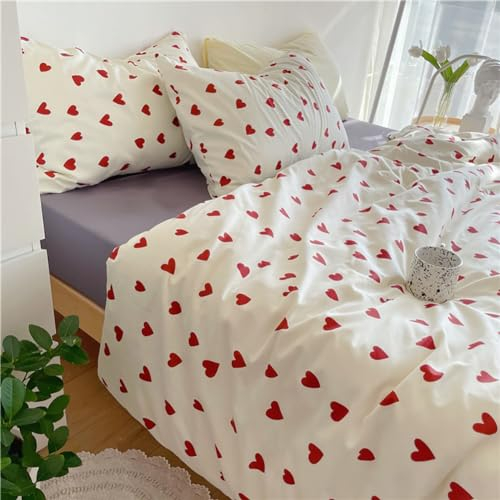 AShanlan Bettwäsche 220x240 cm 3teilig Herzen Rot Weiß Bettbezug Weiss mit Rote Herzchen Microfaser Bettwäsche-Sets und 2 Kissenbezug 80x80 cm mit Reißverschluss