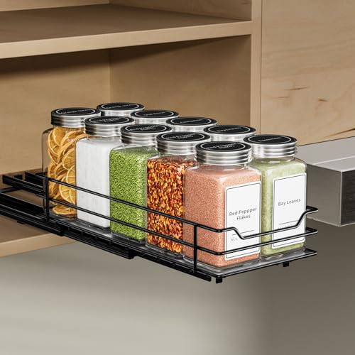 Ausziehbares Gewürzregal Für Schrank, Gewürzregal Schwarz, Gewürz Organizer | Passt für Standard-Schränke, Erfordert mindestens B 12cm* T 28cm Schrank, Smooth Sliding, Qualitätsmetall, Schrank Organizer