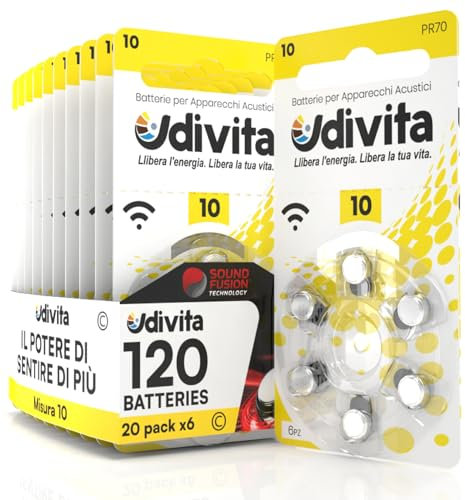 120 Batterie Per Apparecchi Acustici Udivita Misura 10 Tecnologia Phono Pulse - 20 Blister da 6 Pile