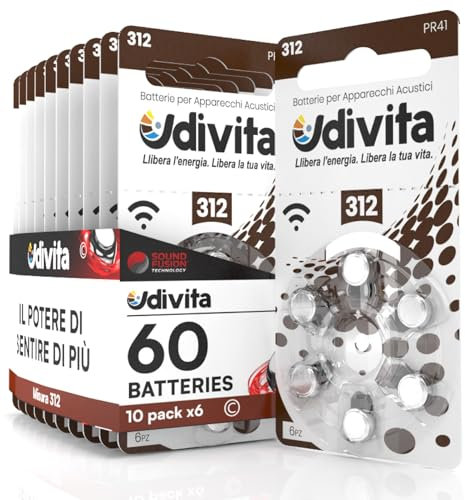 60 Batterie per Apparecchi Acustici Auricolari Udivita Misura 312 PR41 con Tecnologia Phono Pulse - 10 Blister da 6 Pile