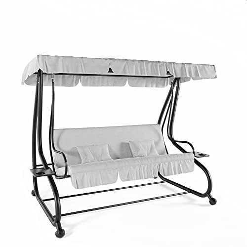 Dondolo Reclinabile 3 Posti Con Cuscini Imbottiti Parasole Tettuccio Regolabile Diventa Letto Struttura Acciaio Robusto Verniciato Giardino Esterno Balcone Terrazzo Piscina 200 x 120 x 160 cm (Grigio)