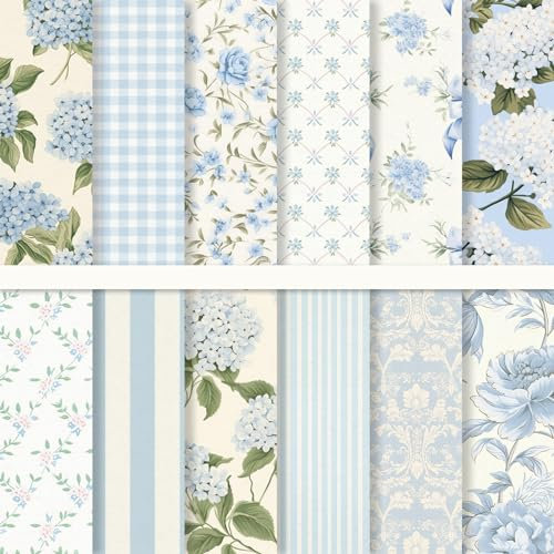 JarThenaAMCS Lot de 24 feuilles de papier double face motif hortensia bleu clair 15,2 x 15,2 cm pour loisirs créatifs, fabrication de cartes, album photo, décoration