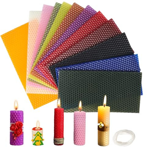 SUPAWAY Kit de 12 Piezas de Cera de Abejas de Colores para Hacer Velas - Hojas DIY con Mecha para Adultos y Niños (20x10 cm)