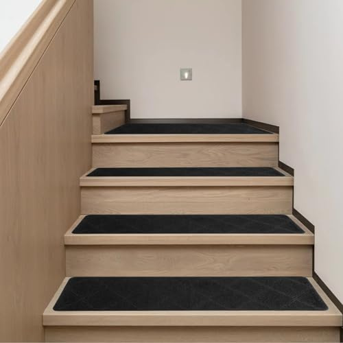 Fecialy Tapis d'escalier pour marches en Bois, 4 Paquets de 20x76cm Tapis d'escalier antidérapant avec Support Amovible et Lavable Tapis de Marche pour Enfants, Personnes âgées, Animaux de Compagnie