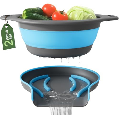 Gevoli Large Collapsible Colander with Self-Draining Base Set - Plastic Side Drain Food Strainer for Edge of Kitchen Sink, Blue (2 Piece Set)