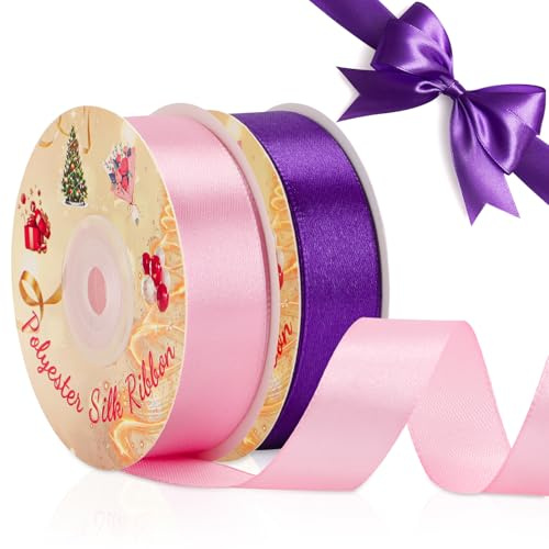 VynyQoo 2 Rolls 20mm Satin Ribbon Wide, Pink and Purple Gift Wrap Ribbon, 22M Single Sided Ribbons for Gift Wrapping, Gift Wrapping Ribbon for Crafting, Wedding Party,Cake Wrapping Decorations